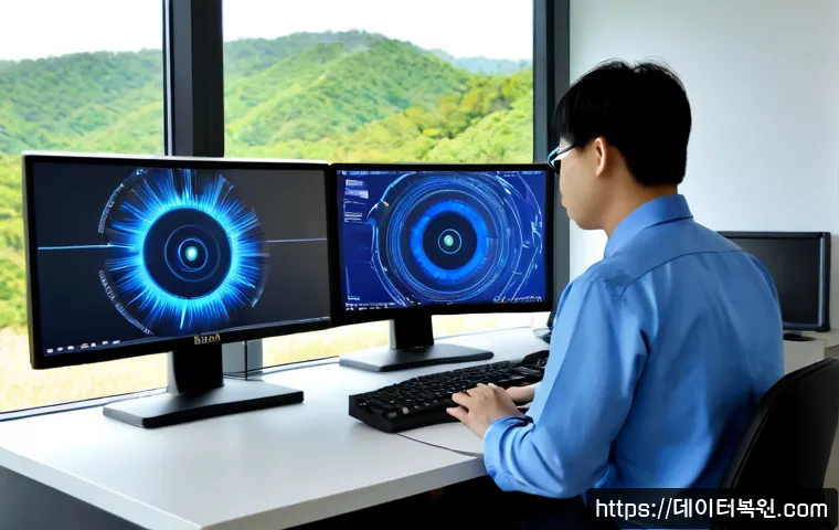 일직동 SYSTEM_THREAD_EXCEPTION_NOT_HANDLED - Photorealistic IT support workstation in a modern Iljik-dong office, dual monitors showing a blank c...