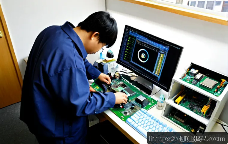 덕은동 cpu조립 및 교체수리 - Photorealistic computer repair bench in a compact Deogeun-dong office studio, technician carefully i...