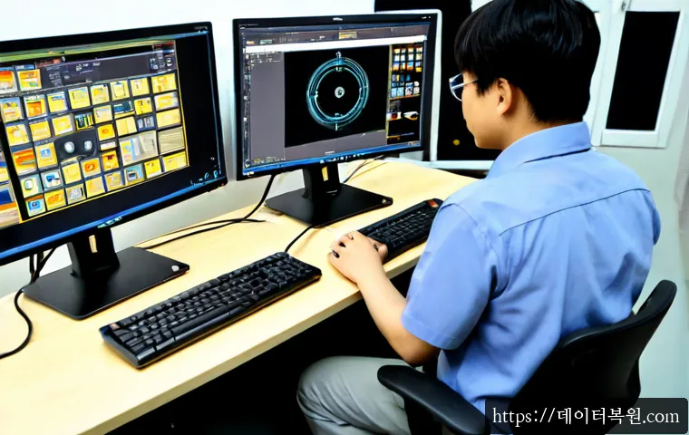 입정동 STATUS_KERNEL_ACCESS_DENIED - Photorealistic IT support workstation in a compact Euljiro-style electronics workshop, dual monitors...