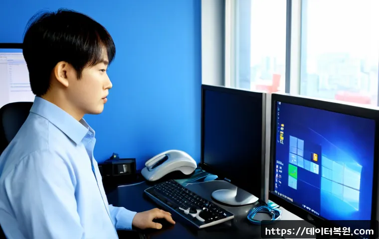 대현동 MACHINE_CHECK_EXCEPTION - Photorealistic IT support workstation in Daehyeon-dong, a desktop monitor frozen on a blank cobalt-b...