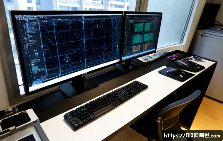 도림동 STATUS_IMAGE_INVALID - Photorealistic IT support workstation in a compact Seoul neighborhood office, technician using a dua...