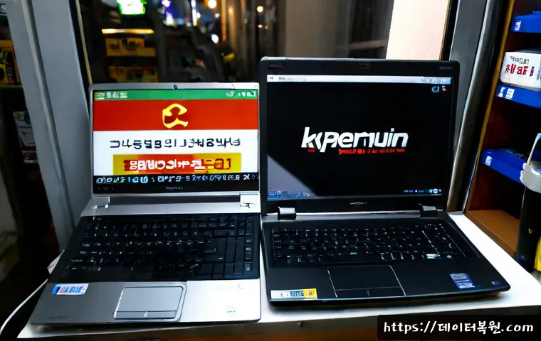 관문동 맥북에어 판매 및 수리 - Photorealistic laptop repair workstation in a compact Gwanmun-dong electronics shop, thin silver ult...