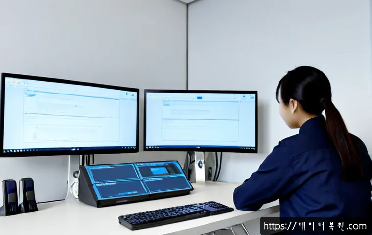 청암동 STATUS_KERNEL_APC_PENDING - Photorealistic IT support workstation in a compact Cheongam-dong office, dual monitors showing a bla...
