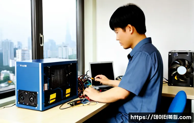 성북구 파워조립 및 교체수리 - Photorealistic computer repair bench in a compact Seongbuk-gu neighborhood office, technician replac...