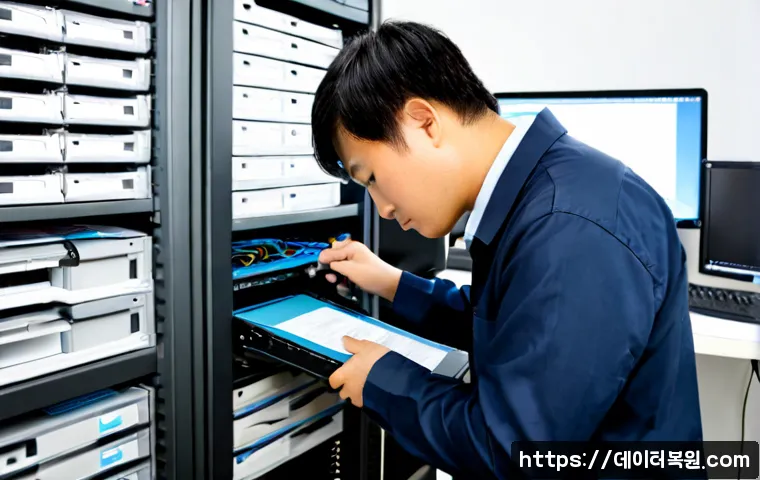 일산동구 파일서버출장방문수리점 - Photorealistic on-site file server repair in a compact modern office, technician replacing a hot-swa...