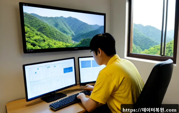곤지암 STATUS_KERNEL_PERMISSION_DENIED - Photorealistic remote-support workstation in a quiet Gyeonggi office, dual monitors showing a generi...