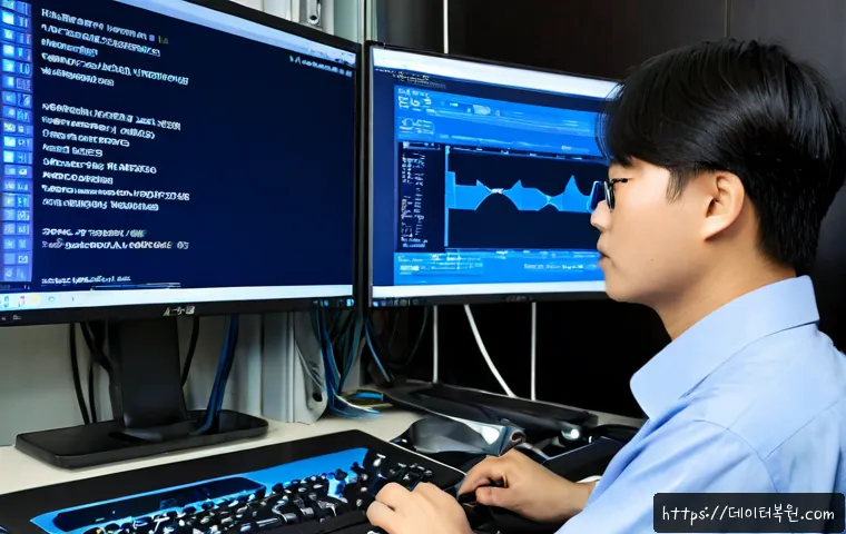 서계동 MACHINE_CHECK_EXCEPTION - Photorealistic IT support workstation in a compact Seoul office near an older rail-side neighborhood...