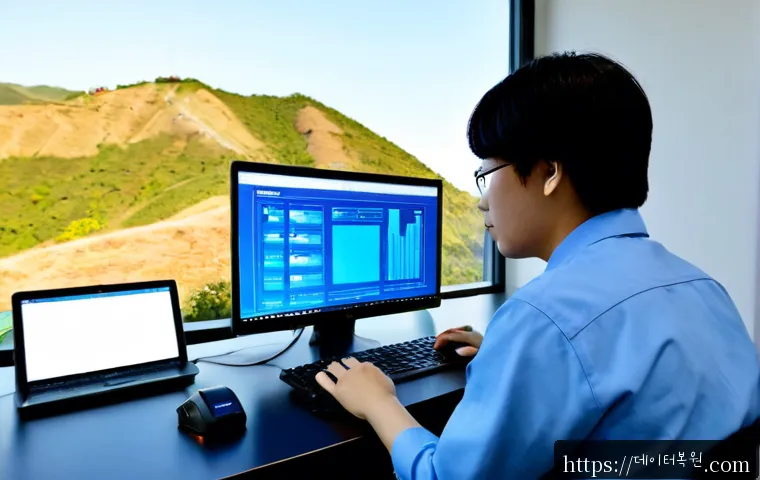 청량리동 STATUS_MEMORY_VIOLATION - Photorealistic IT support workstation in a compact apartment office near a hillside transit district...