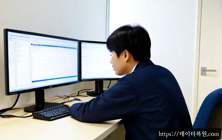 고봉동 STATUS_DEVICE_OFFLINE - Photorealistic IT support workstation in a quiet Gohbong-dong industrial office, dual monitors showi...