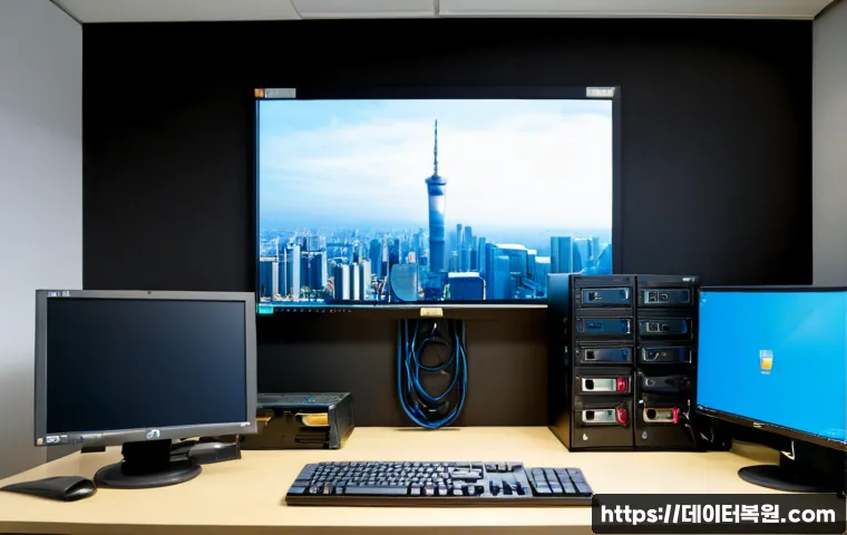 용답동 STATUS_KERNEL_HEAP_CORRUPTION - Photorealistic IT support workstation in a compact Yongdap-dong style industrial office, dual monito...