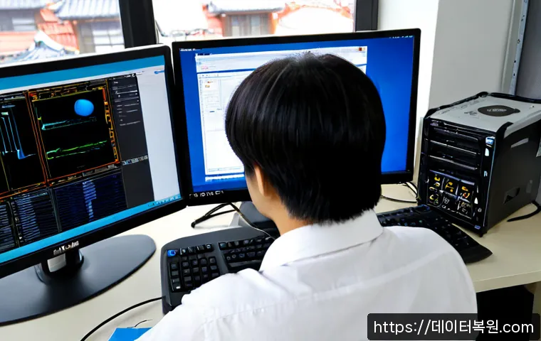서린동 STATUS_KERNEL_FILE_SYSTEM_ERROR - Photorealistic IT support workstation in a compact Jongno office, desktop monitor showing a blank co...