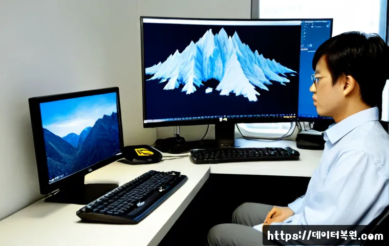 염창동 STATUS_INSUFFICIENT_RESOURCES - Photorealistic IT support workstation in a compact Yeomchang-dong office, dual monitors showing a fr...