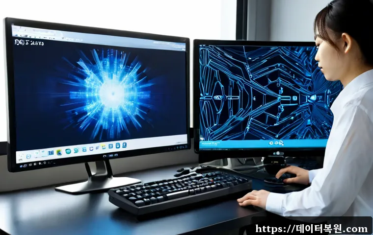 쌍문동 CLOCK_WATCHDOG_TIMEOUT - Photorealistic remote-support workstation in a compact Ssangmun-dong apartment office, dual monitors...