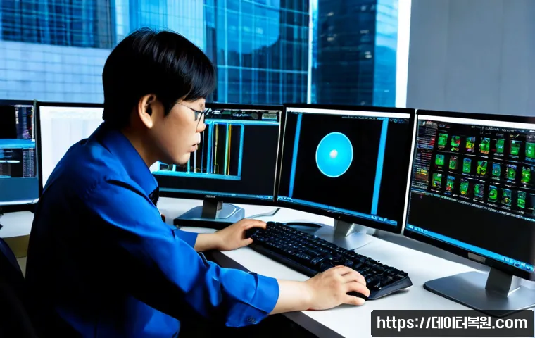 청진동 STATUS_KERNEL_APC_PENDING - Photorealistic IT support workstation in a modern central Seoul office, engineer studying a silent d...
