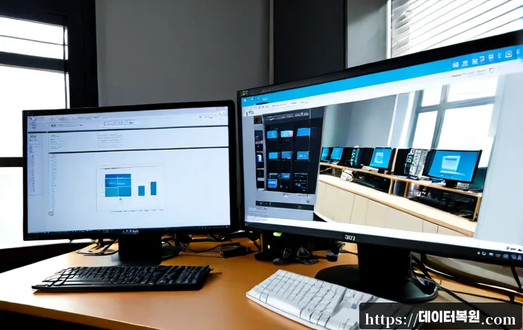 양천구 CRITICAL_OBJECT_TERMINATION - Photorealistic IT support workstation in Yangcheon-gu, Seoul, dual monitors showing a clean abstract...