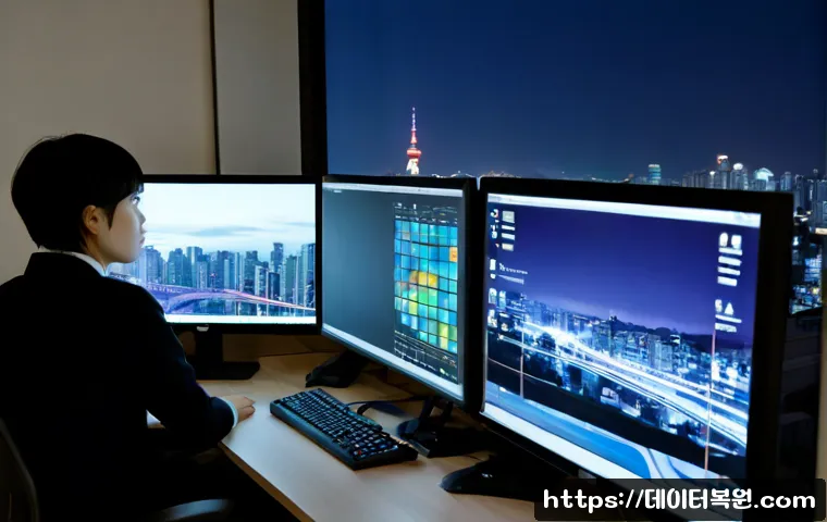 토당동 STATUS_STACK_OVERFLOW - Photorealistic IT support workstation in a compact Tondang-dong apartment office, dual monitors show...