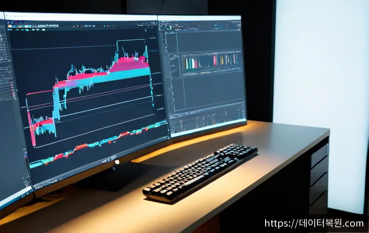 성동구 STATUS_FLOAT_UNDERFLOW - Photorealistic software support workstation in Seongdong, Seoul, ultrawide monitor displaying a blan...