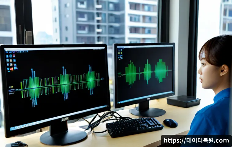 성석동 STATUS_DEVICE_NOT_READY - Photorealistic IT support workstation in a quiet Seongseok-dong office, dual monitors showing an abs...