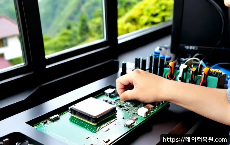 청운효자동 cpu조립 및 교체수리 - Photorealistic computer repair workstation in a compact neighborhood electronics studio, technician ...