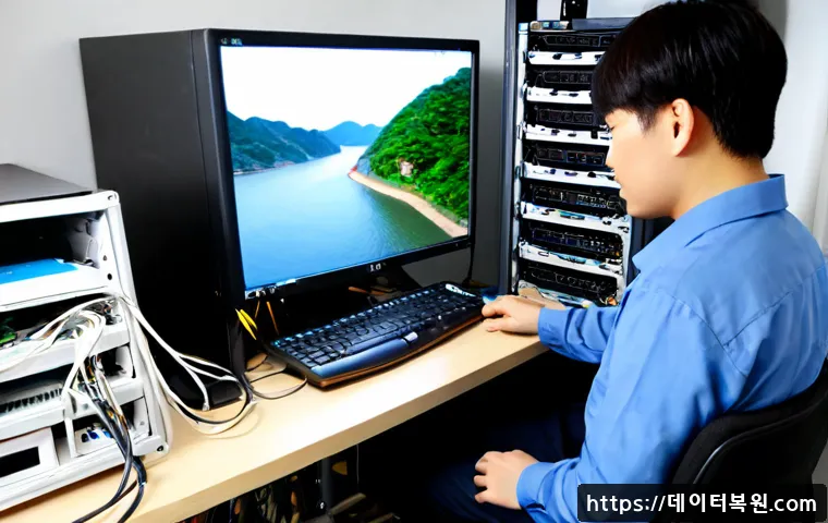 염창동 ftp서버출장방문수리점 - Photorealistic IT technician performing onsite FTP server repair in a compact Yeomchang-dong office ...