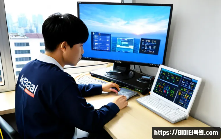 성산동 STATUS_KERNEL_MODULE_NOT_FOUND - Photorealistic IT support workstation in Seongsan-dong, Seoul, dual monitors displaying abstract har...