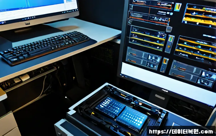동산동 bootdevice - Photorealistic IT support workstation in Dongsan-dong, technician reseating an NVMe boot drive insid...