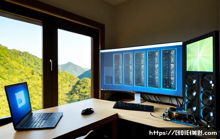 북한동 linux재설치 포맷 초기화 - Photorealistic Linux recovery workstation in a quiet residential repair studio near a wooded hillsid...