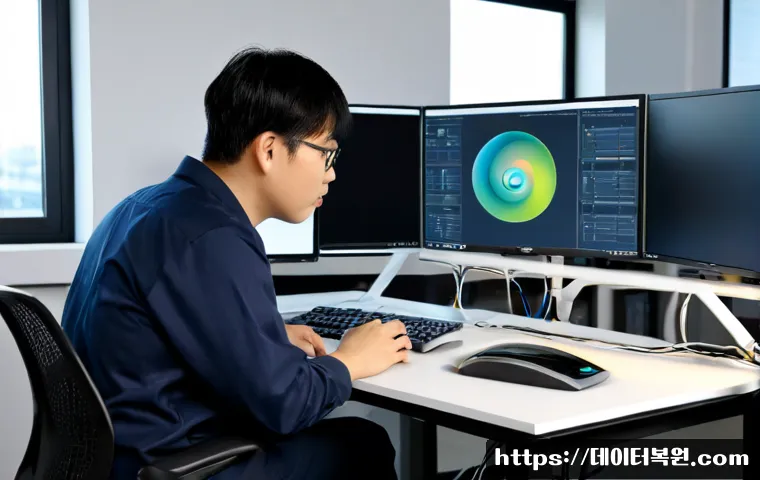 구로구 INVALID_KERNEL_HANDLE - Photorealistic IT support workstation in a modern office near a subtle industrial district setting, ...