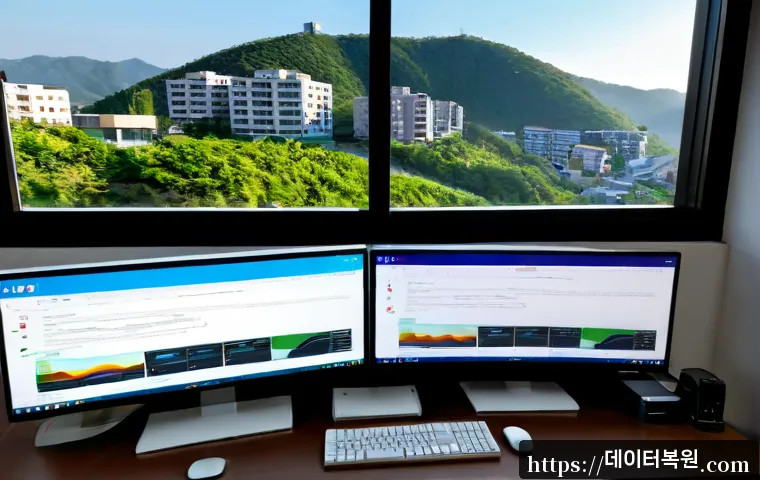 녹번동 SESSION_HAS_VALID_VIEWS_ON_EXIT - Photorealistic remote-support workstation in a quiet Eunpyeong residential office, dual monitors sho...