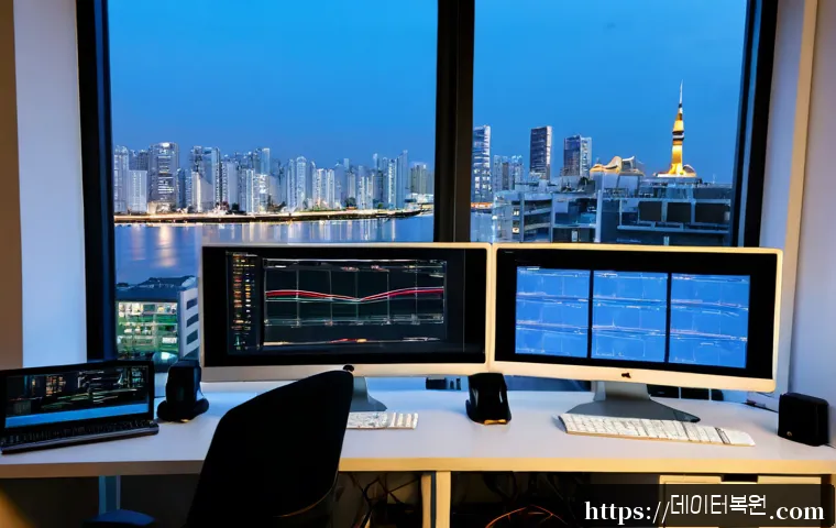 방이동 STATUS_KERNEL_MEMORY_LEAK - Photorealistic IT support workstation in a compact Bangi-dong office, dual monitors showing abstract...