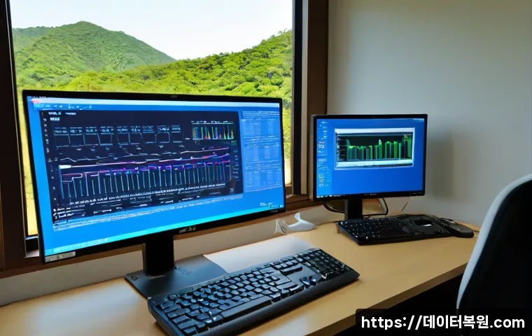 퇴촌면 STATUS_KERNEL_MODULE_CORRUPTION - Photorealistic IT support workstation in a quiet rural Korean office near forested hills, dual monit...