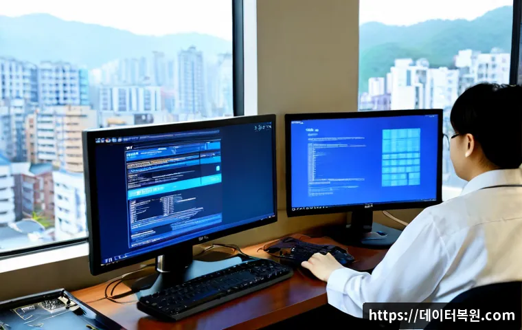 대방동 STATUS_KERNEL_MODULE_CORRUPTION - Photorealistic IT support workstation in a compact Daebang-dong apartment office, dual monitors show...