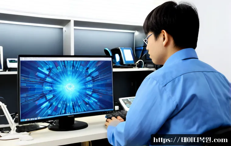 연건동 STATUS_KERNEL_DRIVER_CORRUPTION - Photorealistic IT support workstation in a compact Yeongeon-dong research office, engineer studying ...