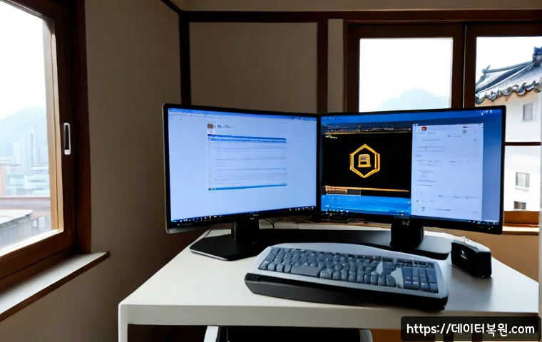통인동 STATUS_FILE_LOCK_CONFLICT - Photorealistic remote-support workstation in a quiet Tongin-dong apartment, dual monitors showing a ...