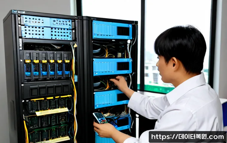 강일동 server출장방문수리점 - Photorealistic on-site server repair inside a compact Gangil-dong office, technician in neutral work...