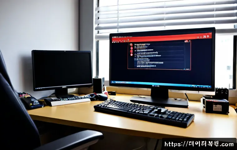 신천동 STATUS_DISK_READ_FAILURE - Photorealistic computer repair workstation in a compact Sincheon-dong office, dual monitors showing ...