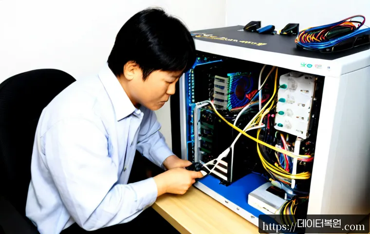 조원동 파워조립 및 교체수리 - Photorealistic computer repair workstation in Jowon-dong, Suwon, technician carefully installing a n...