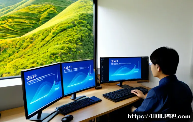 행촌동 PAGE_TABLE_CORRUPT - Photorealistic IT support workstation in a compact hillside Seoul apartment, dual monitors showing a...