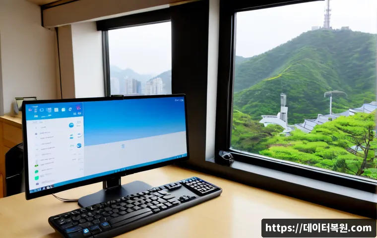 청암동 STATUS_SESSION_TIMEOUT - Photorealistic remote-support workstation in a compact Cheongam-dong apartment office, dual monitors...