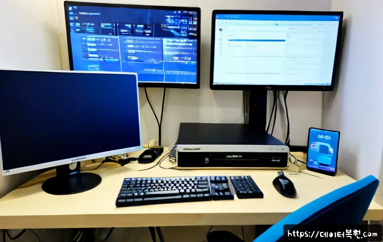 보라매동 WIN32K_POWER_WATCHDOG_TIMEOUT - Photorealistic remote IT support workstation in a compact Boramae-dong apartment office, dual monito...