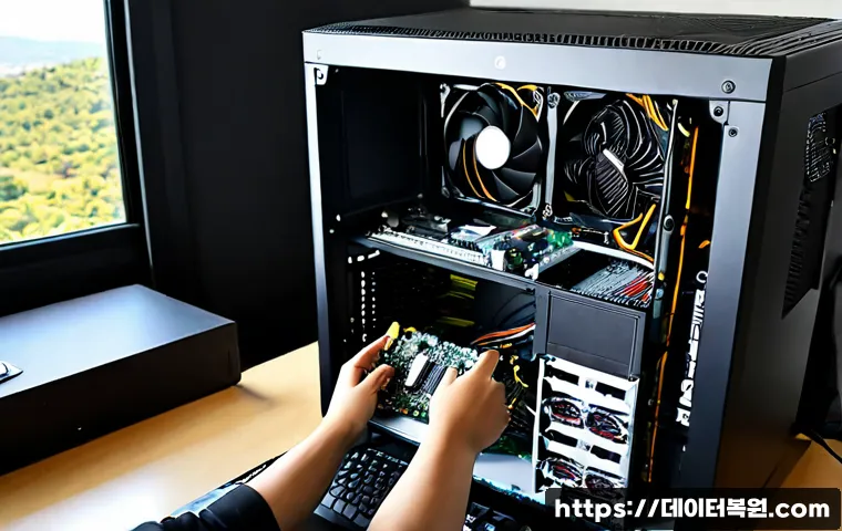 문원동 그래픽카드조립 및 교체수리 - Photorealistic desktop PC repair workstation, technician carefully installing a powerful triple-fan ...