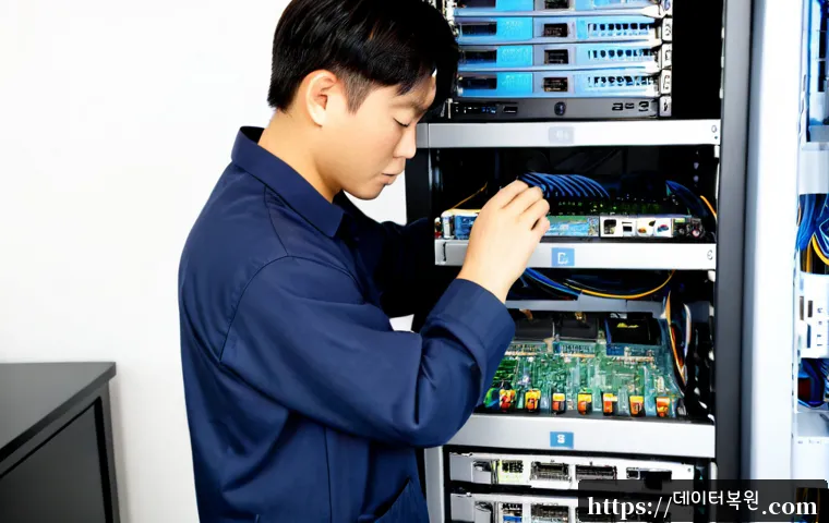 주성동 NAS출장방문수리점 - Photorealistic NAS technician repairing a compact multi-bay storage server at a tidy Juseong-dong ap...