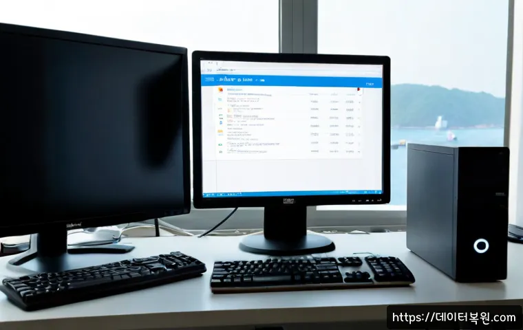 신평동 NTLDR is compressed - Photorealistic IT support workstation in a compact office near a Korean industrial harbor district, ...
