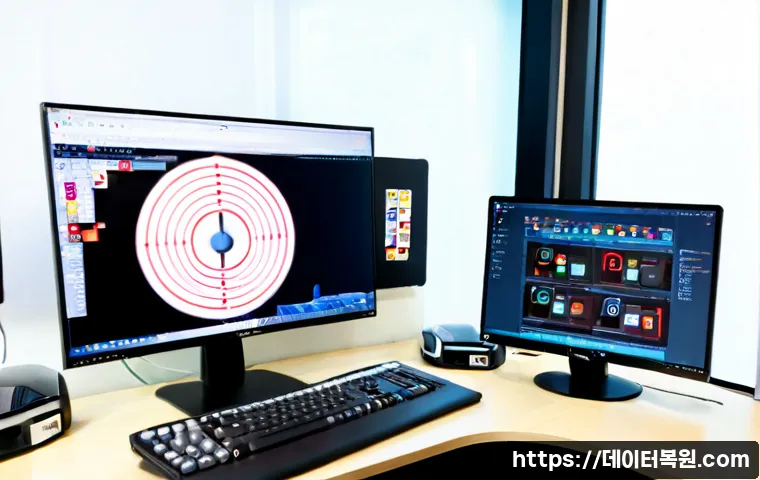 신평동 STATUS_KERNEL_PERMISSION_DENIED - Photorealistic IT support workstation in a compact Sinpyeong-dong office, dual monitors showing a cl...