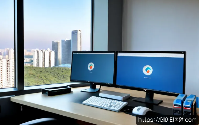 목동 CDFS_FILE_SYSTEM - Photorealistic IT support workstation in a modern Mokdong apartment office, dual monitors showing ab...
