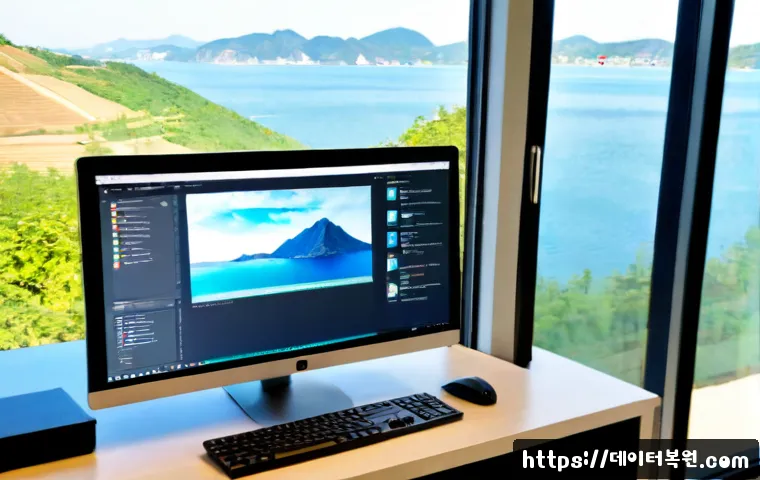 동작구 프리도스 윈도우설치 - Photorealistic home office workstation during a fresh PC operating system installation, clean deskto...