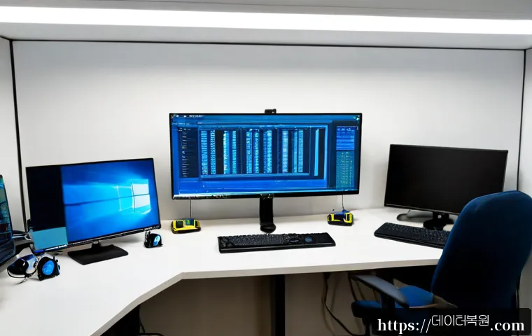 입정동 STATUS_KERNEL_MODE_EXCEPTION - Photorealistic IT support workstation in a compact industrial office near Euljiro, dual monitors sho...
