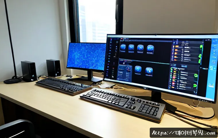 덕이동 THREAD_TERMINATION_PORT - Photorealistic remote-support workstation in a modern Deogi-dong apartment office, dual monitors dis...