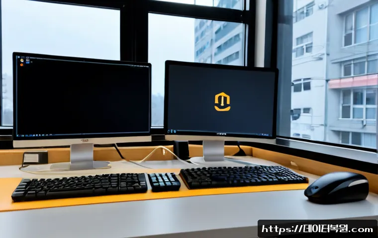 학온동 SESSION5_INITIALIZATION_FAILED - Photorealistic IT support workstation in a compact modern office, dual monitors showing a blank gray...