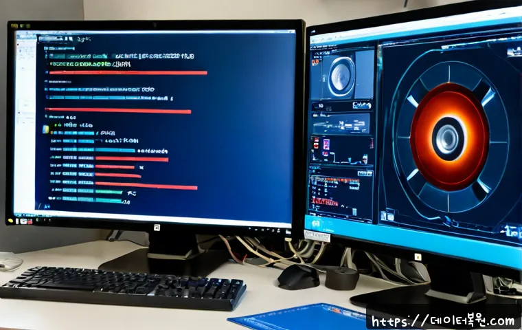 대흥동 STATUS_DISK_READ_FAILURE - Photorealistic IT support workstation in a compact Daheung-dong office, dual monitors showing a gene...